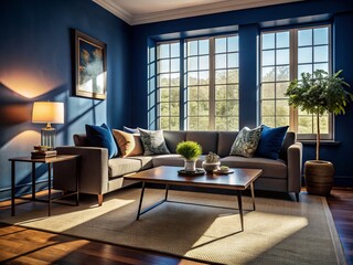 Silhouette Photography: Navy Blue Living Room with Beige Couch & Patterned Carpet