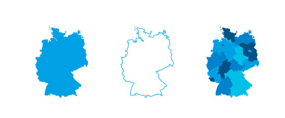 Germany set of three maps - solid map, outline map and map highlighting administrative divisions. Three distinct maps illustrate various representations of a geographical area.