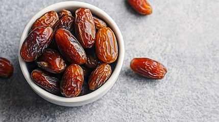 Dried dates in white bowl on grey background