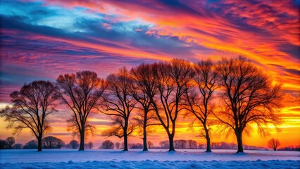 Obraz premium A stunning sunset illuminates a frozen forest, its stark tree silhouettes a breathtaking winter scene.