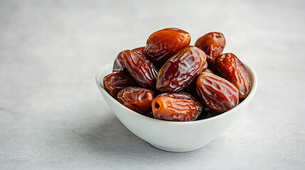 Dried dates in white bowl on grey background