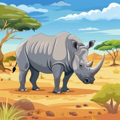 Fototapeta premium Powerful rhinoceros stands in a dry savanna landscape, surrounded by acacia trees, rocks, and grass, under a bright blue sky