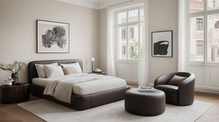 Cozy modern bedroom with wooden furnishings, warm lighting, and a light beige wall. Perfect for a relaxing atmosphere in an apartment or hotel