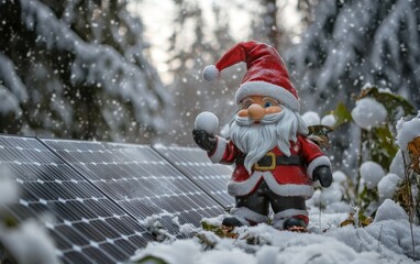 A Christmas gnome holding a snowball, surrounded by solar panels and a snowy forest backdrop