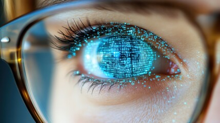 Close-up of eye with digital data reflection.