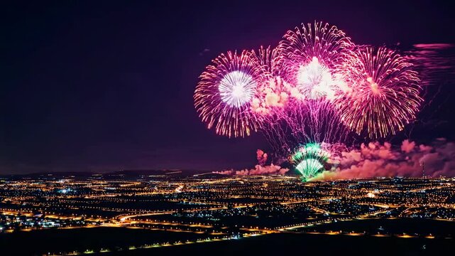 Fireworks Display, Brightly Colored Explosions over Urban Cityscape for Promotional Materials