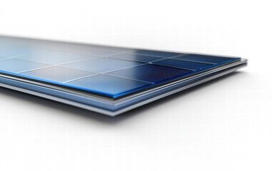A classic 3D solar panel with deep blue cells and lightly brushed aluminum edges, tilted slightly, on a clean white background
