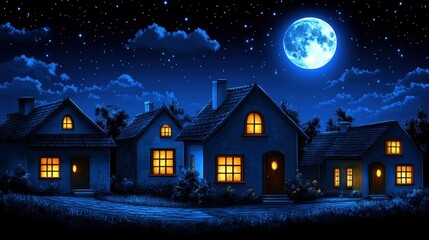 Moonlit Homes. Cozy lit houses under bright full moon night sky winter