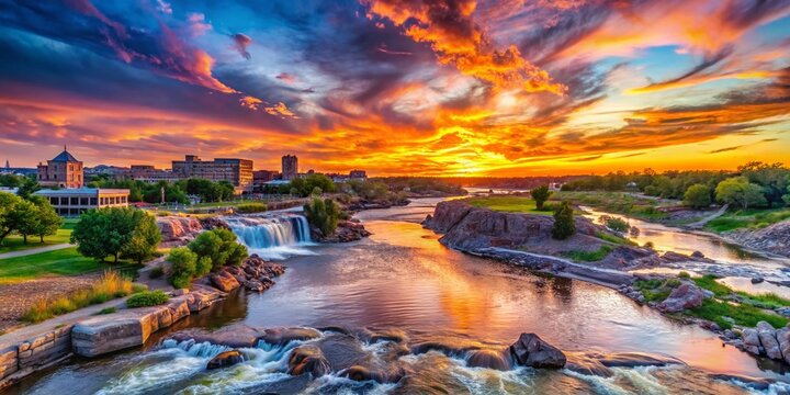 Sioux Falls Sunset: Majestic River Landscape with Copy Space for Text