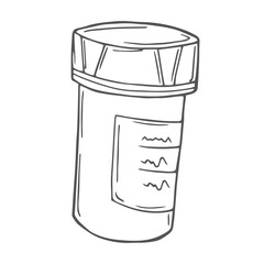 Hand drawn medicine pills, tablet, capsule and package bottle isolated on white background. Pills cartoon sketch