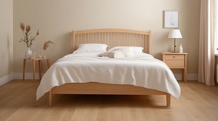 Cozy modern bedroom with wooden furnishings, warm lighting, and a light beige wall. Perfect for a relaxing atmosphere in an apartment or hotel