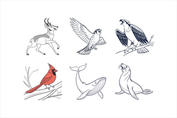 6 different American animals minimalist vector illustration of happy face