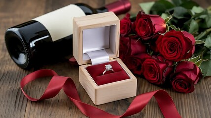 Engagement ring in an open box surrounded by red roses.