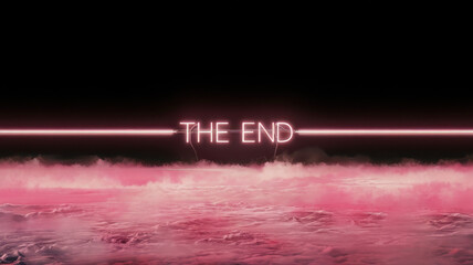 A striking neon sign reading 'THE END' glows in vibrant pink against a dark background, evoking a sense of finality and mystery.