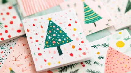 Obraz premium Colorful Christmas cards featuring festive designs and cheerful holiday motifs spread across a flat surface. Generative AI