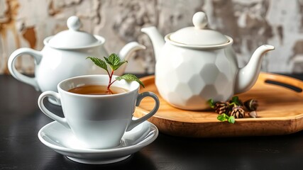 Fototapeta premium Herbal tea set with teacup, saucer, teapot, herbs, mint leaves on black table against old wooden wall, wooden tray, ceramic