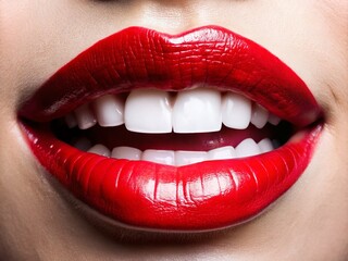 Obraz premium Smiling Red Lips with Teeth, Isolated on White Background - Stock Photo