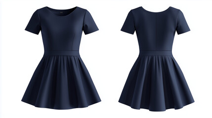 Navy blue casual dress mockup front and back view isolated on white background for brand presentation

