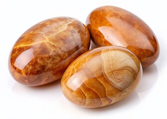 Smooth Oval Light Brown Stones Isolated on White Background - Natural Texture