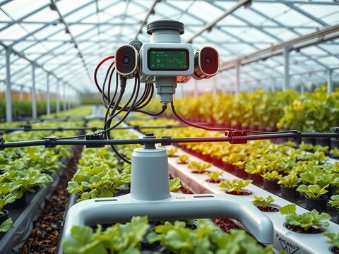 High-tech greenhouse with automated irrigation system and sensor-controlled environment for smart farming, agriculture, irrigation system