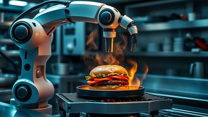 High tech robotic arm flipping burger on digital grill with holographic controls in futuristic kitchen setup, artificial intelligence, culinary industry