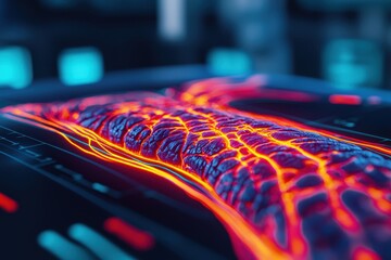 health check monitoring vital signs Concept. Digital depiction of a glowing vertebral structure with intricate details and vibrant colors.