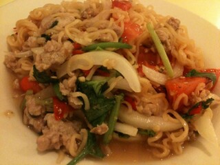 Thai Instant noodles spicy salad in white plate
