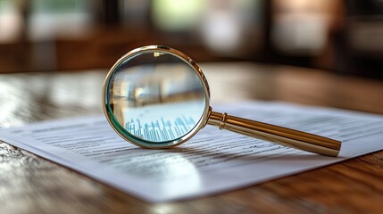 Documents containing analytics data and a magnifying glass on a tabl