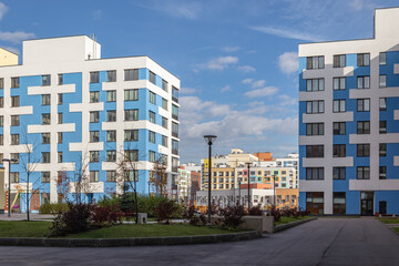 Modern apartment building with colorful facades on the outskirts of the city. Residential Complex 'In the forest', Moscow, Russia