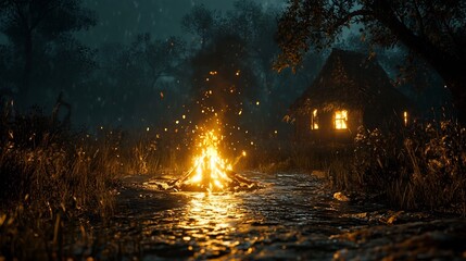 Obraz premium Glowing Bonfire Illuminating the Serene Nighttime Landscape
