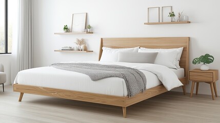 A cozy Scandinavian bedroom features a white bed and wooden shelves adorned with decorative elements in neutral tones, creating a serene atmosphere