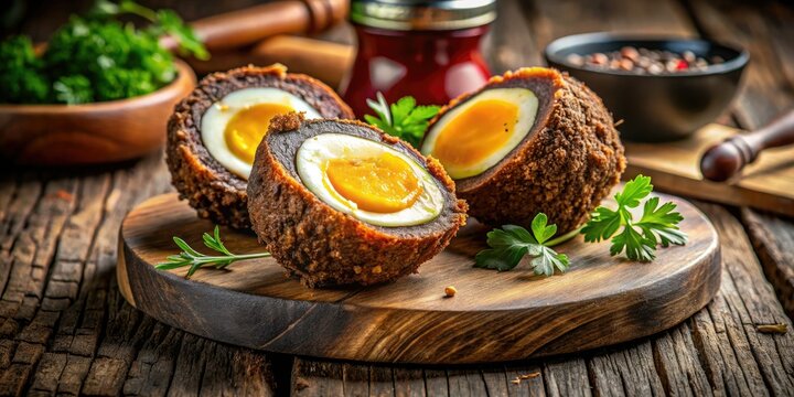 Crispy scotch eggs bursting with flavorful black pudding; a delicious snack.