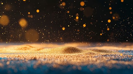 Obraz premium Sparkling Gold Dust Festive Background Holiday Glitter Dark Blue Bokeh Lights