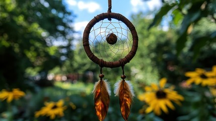 Fototapeta premium Boho Decor. Brown dreamcatcher hanging outdoor, nature background, sun