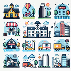 Naklejka premium Building icon set flat illustration vector