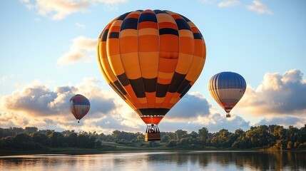 Obraz premium Sunrise Balloon. Squarespace designer heic Esg etf fintech Wp rocket Thumbnail Viator Telegram channel Tunetank Wayflyer Orange black hot air floating over lake sunri