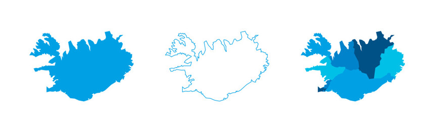 Iceland set of three maps - solid map, outline map and map highlighting administrative divisions. Three distinct maps illustrate various representations of a geographical area.