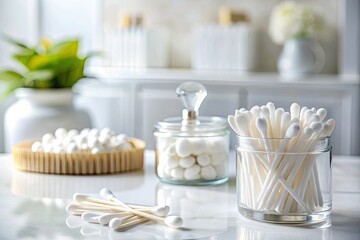 Fototapeta premium Double exposure showcases cotton swabs and pads on a pristine white bathroom counter. Minimalist design.
