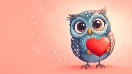 Obraz premium A Cute Owl Holding a Red Heart Against a Soft Pink Background, Bringing Love and Whimsy into Your Life with Its Bright Eyes and Charming Personality in an Endearing Digital Artwork.