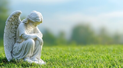 Serene Angel Statue Kneeling in Green Grass