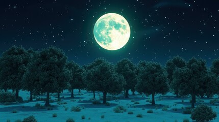 Moonlight Forest. Full moon bright night sky over forest landscape at