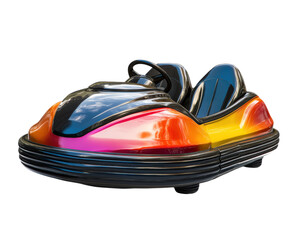 colorful bumper car with glossy finish is isolated on transparency background, showcasing its vibrant design and sleek curves. image captures playful essence of amusement park rides