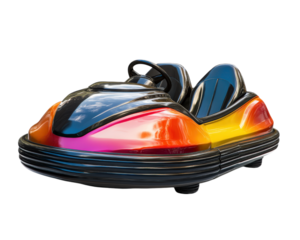 colorful bumper car with glossy finish is isolated on transparency background, showcasing its vibrant design and sleek curves. image captures playful essence of amusement park rides
