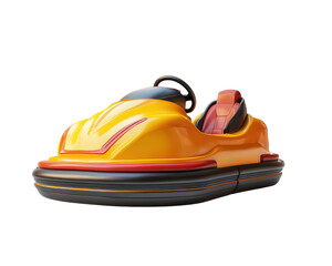 vibrant yellow bumper car with sleek design, featuring red seat and black steering wheel, isolated on transparency background