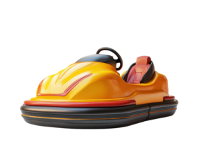 vibrant yellow bumper car with sleek design, featuring red seat and black steering wheel, isolated on transparency background