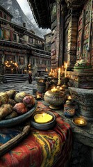 Fototapeta premium A serene marketplace with candles, pottery, and food, showcasing cultural and spiritual elements.