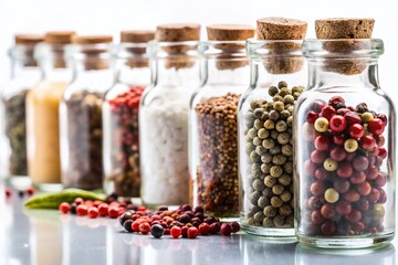 Spice Bottles: Peppercorns & Salt on White Background - Culinary Photography