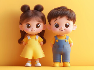 Cute cartoon children in yellow and blue outfits standing against a bright yellow background in cheerful poses