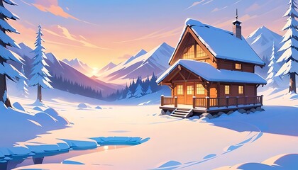 Fototapeta premium Cozy Winter Cabin in Snowy Mountains at Sunrise Illustration