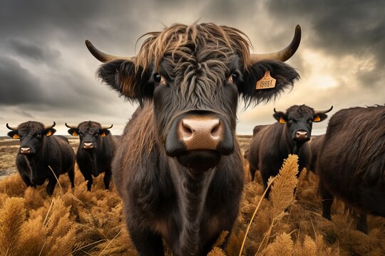 Curious highland cows exploring a dramatic stormy landscape at dusk. Generative AI